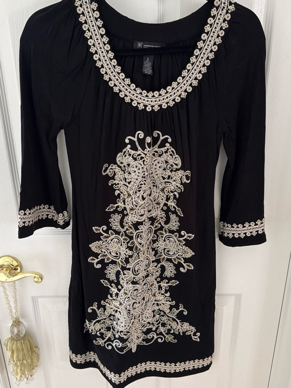 INC International Concepts Black Top with Cream Embroidered Detail